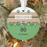 80th Birthday awesome green and yellow Ornament<br><div class="desc">80 and awesome ornament birthday gift.
Add his name and change the age to suit.
Designed in green,  yellow and blue,  with bunting.
*Kraft graphic rustic effect background.
*Real Kraft card is not used</div>