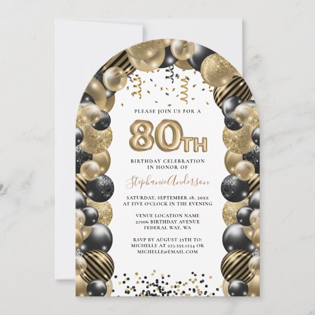 80th Birthday Balloon Gold Black Sparkle Invitation (Front)