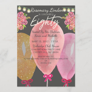 80th Birthday Balloons Flowers and Lights Invite
