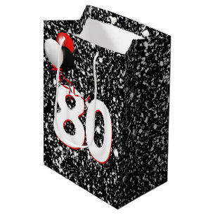 80th Birthday Balloons on Black Glitter Medium Gift Bag