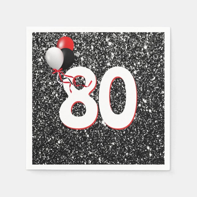 80th Birthday Balloons on Black Glitter Napkins (Front)