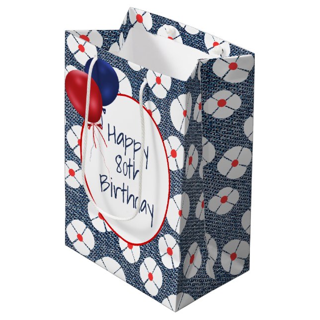 80th Birthday Balloons on Floral Denim  Medium Gift Bag (Front Angled)