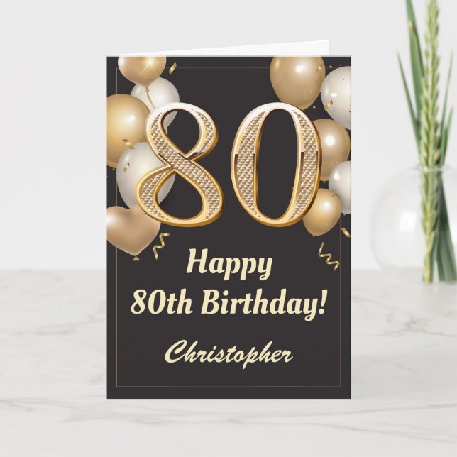 80th Birthday Black and Gold Balloons Confetti Card (Front)