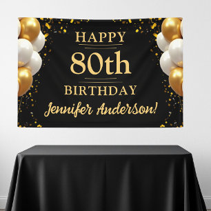 80th Birthday Black and Gold Celebration Banner