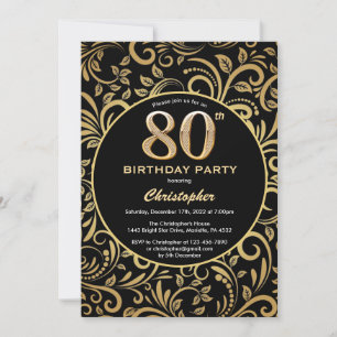 80th Birthday Black and Gold Floral Pattern Invitation