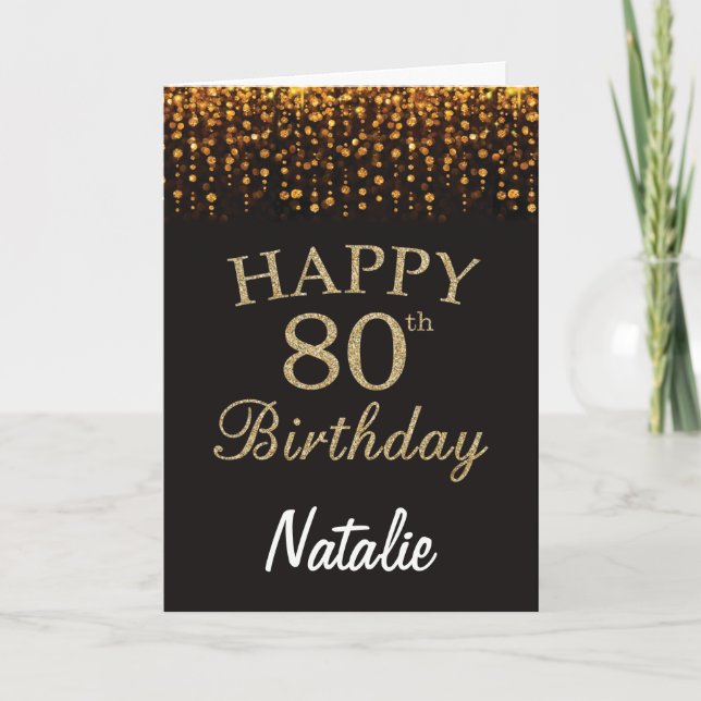 80th Birthday Black and Gold Glitter Card (Front)
