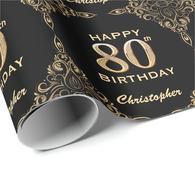 80th Birthday Black and Gold Glitter Frame Wrapping Paper (Roll Corner)