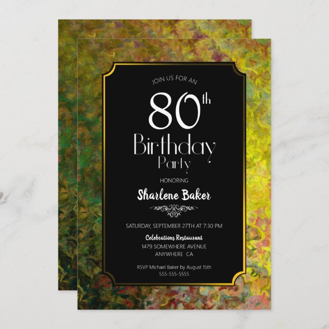 80th Birthday Black and Gold Invitation (Front/Back)