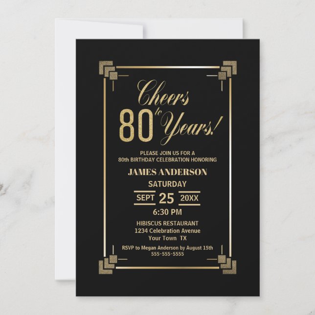 80th Birthday Black and Gold Party Invitation (Front)