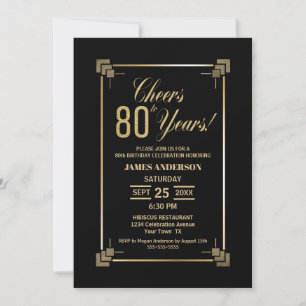 80th Birthday Black and Gold Party Invitation