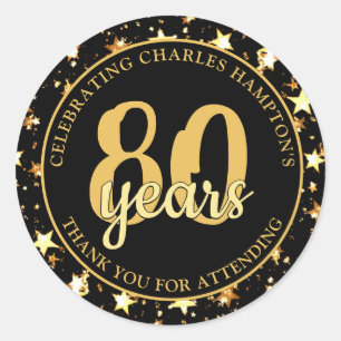 80th Birthday Black and Gold Stars THANK YOU Classic Round Sticker