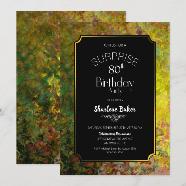 80th Birthday Black and Gold Surprise Party Invitation (Front/Back)