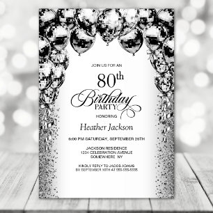 80th Birthday Black and White Balloons Party Invitation