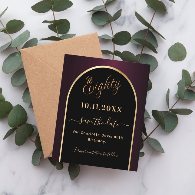 80th birthday black burgundy budget save the date flyer (Creator Uploaded)