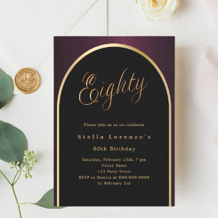 80th birthday black burgundy gold arch script invitation
