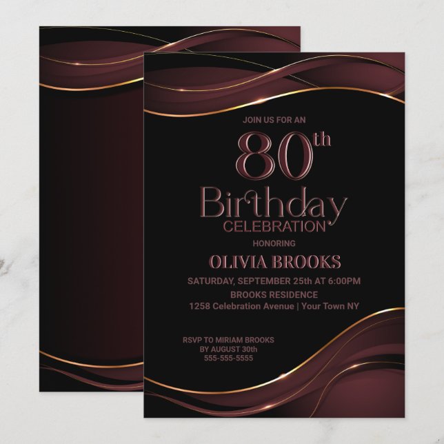 80th Birthday Black Dusty Pink Party Invitation (Front/Back)