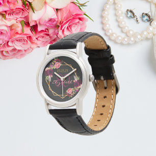 80th birthday black floral gold geometric burgundy watch