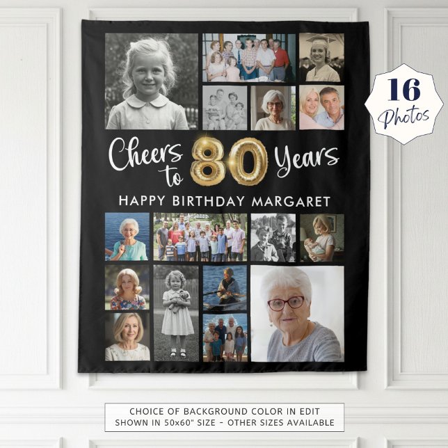 80th Birthday Black Gold 16 Photo Cheers to Years Tapestry (Creator Uploaded)