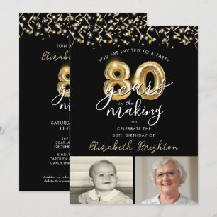 80th Birthday Black Gold 2 Photos Balloons Invitation