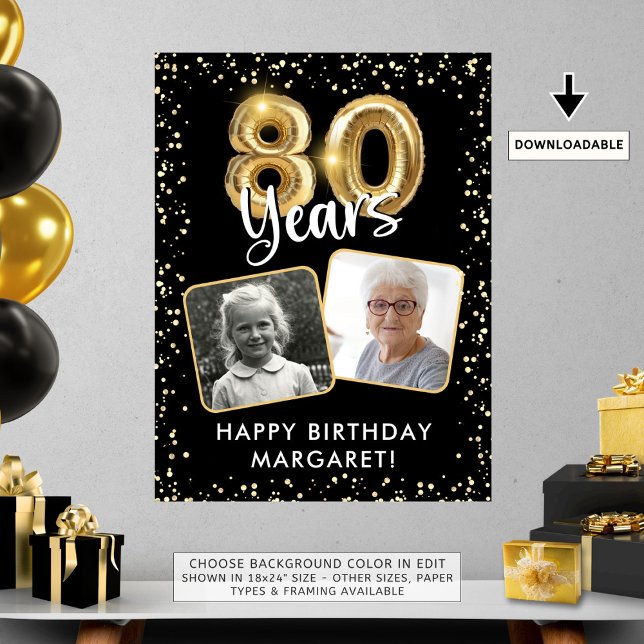 80th Birthday Black Gold Balloon Confetti 2 Photos Poster (Creator Uploaded)