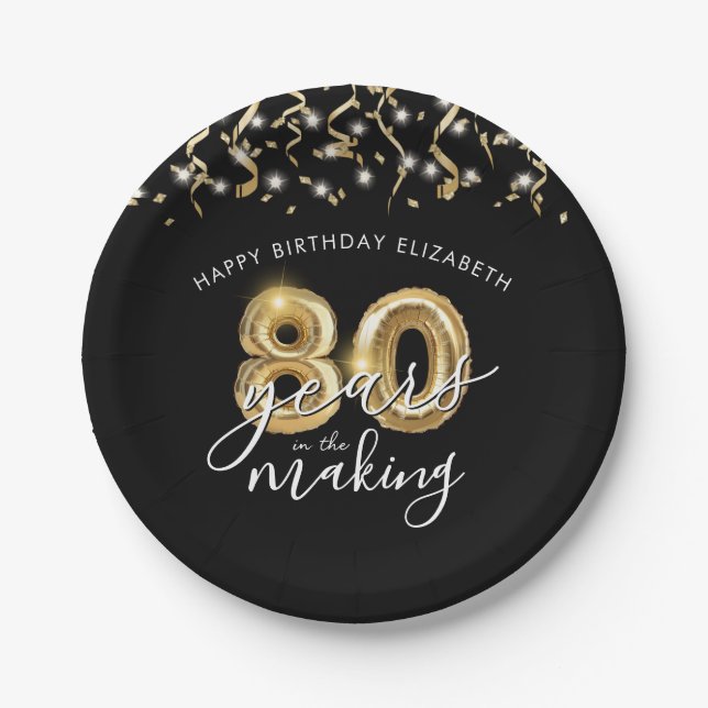 80th Birthday Black Gold Balloon Script Streamers Paper Plate (Front)