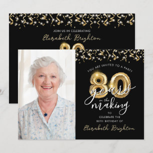 80th Birthday Black Gold Balloons One Photo Invitation