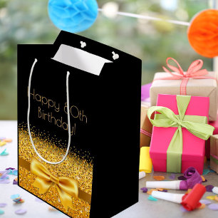 80th birthday black gold bow medium gift bag