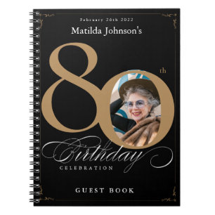 80th Birthday Black Gold Elegant  Script Guestbook Notebook