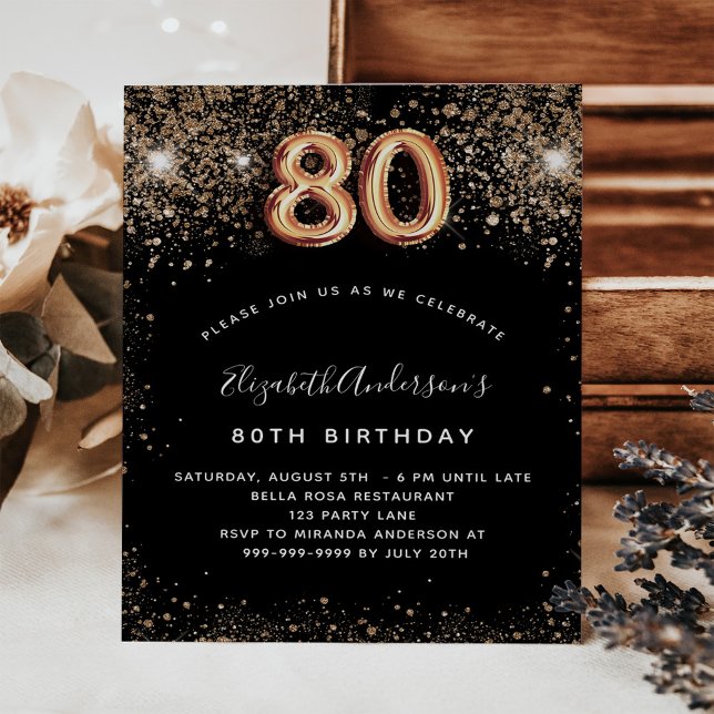 80th birthday black gold glitter budget invitation flyer (Creator Uploaded)