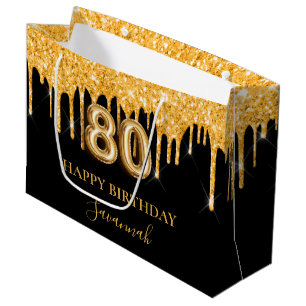 80th birthday black gold glitter drips name large gift bag