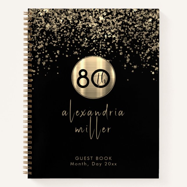 80th Birthday Black Gold Glitter Guestbook Notebook (Front)