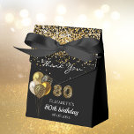 80th birthday black gold glitter leopard thank you favour box<br><div class="desc">A black background,  decorated with balloons and faux gold glitter dust. Number 80 is written with a trendy balloon style font,  leopard pattern.  Personalise and add a name and a date. 80th birthday and Thank You written with a modern hand lettered style script.</div>