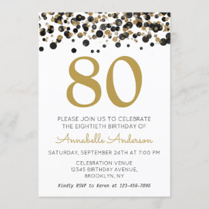 80th Birthday Black Gold Glitter Sparkle Confetti Invitation
