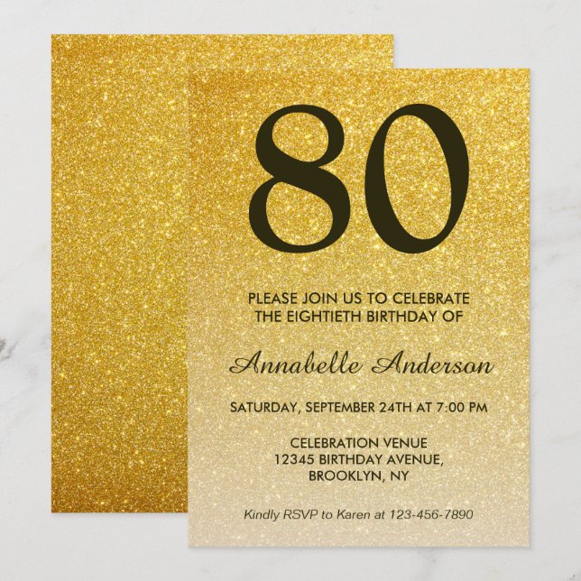 80th Birthday Black Gold Glitter Sparkle Ombre Invitation (Front/Back)