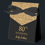 80th Birthday Black Gold Glitter Thank You Favour Box<br><div class="desc">This fabulous modern 80th Birthday Black Gold Glitter Thank You favour box with sparkling gold glitter, the birthday girl's name in a trendy script font, and tied with an elegant black bow would be perfect for your event. It would be great for a candy station, on a thank you gift...</div>