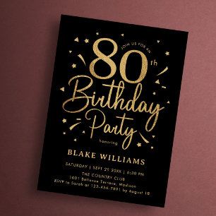 80th Birthday Black Gold Invitation