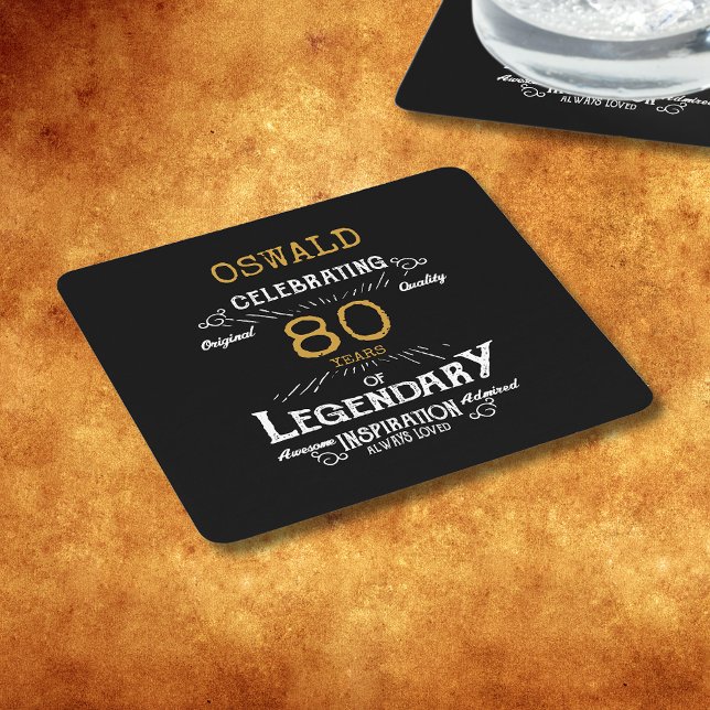 80th Birthday Black Gold  Legendary Retro Square Paper Coaster (A personalized elegant paper coaster that is easy to customize for that special 80th birthday party.)
