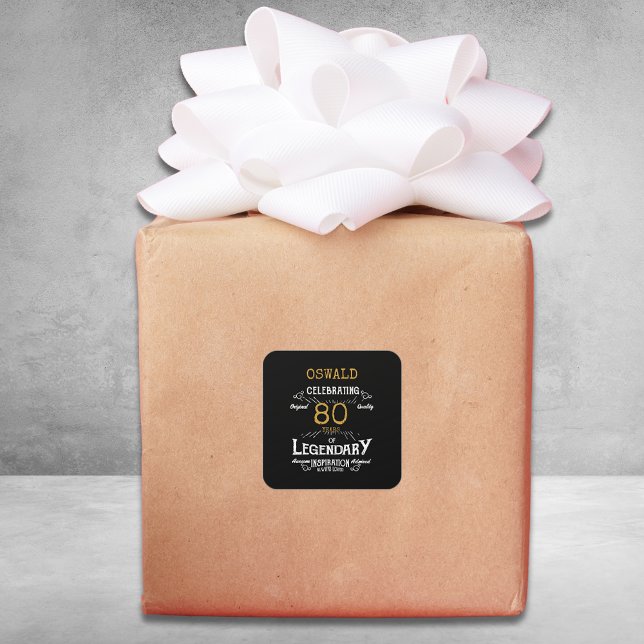 80th Birthday Black Gold  Legendary Retro Square Sticker (An elegant paper sticker / label that is easy to customize for that special 80th birthday.)