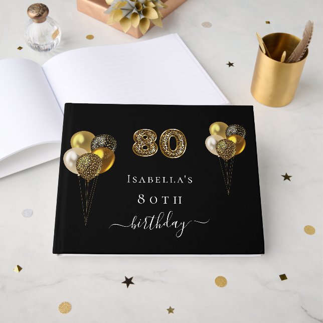 80th birthday black gold leopard animal birthday guest book (Front Open)