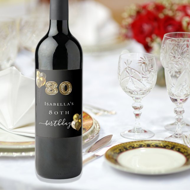 80th birthday black gold leopard animal wine label (Creator Uploaded)