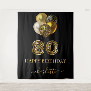 80th birthday black gold leopard name script tapestry