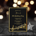 80th birthday black gold music notes invitation postcard<br><div class="desc">A trendy,  modern 80th birthday party invitation card for both men and women.  A classic black background,  with faux gold  frame and music notes,  golden coloured letters. Templates for your party information.  Back: white background.</div>