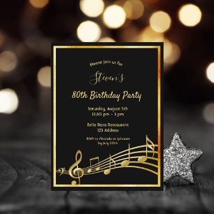 80th birthday black gold music notes invitation postcard