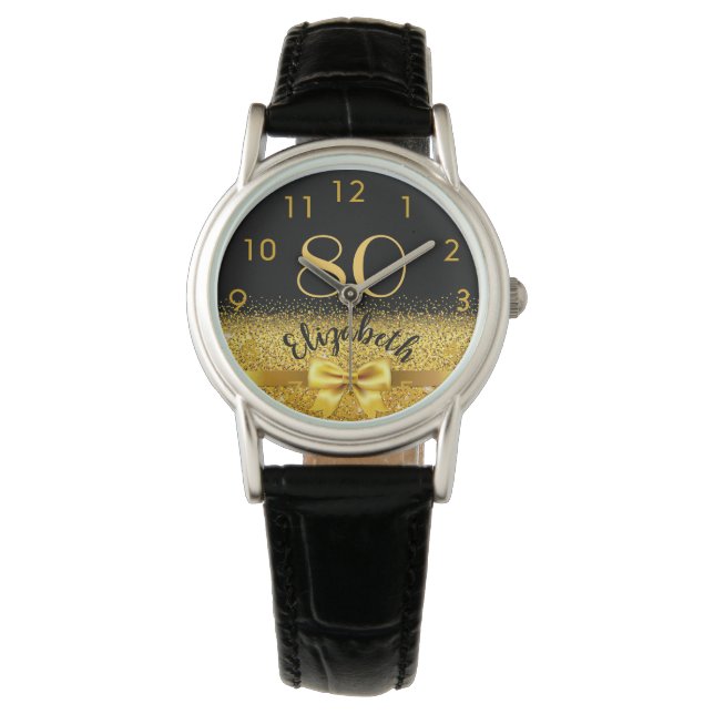 80th birthday black gold name classic elegance bow watch (Front)