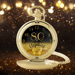 80th birthday black gold name elegant bow pocket watch<br><div class="desc">Elegant, classic, glamourous and feminine. A faux gold coloured bow and ribbon with golden glitter and sparkle, a bit of bling and luxury for a birthday gift or keepsake. Black background. Templates for her name, and the age 80. The name is written with a modern hand lettered style script. Golden...</div>
