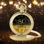 80th birthday black gold name elegant bow pocket watch<br><div class="desc">Elegant,  classic,  glamourous and feminine.  A faux gold coloured bow.  Black background. Templates for her name,  and the age 80. The name is written with a modern hand lettered style script. Golden coloured numbers from 9 to 3.</div>