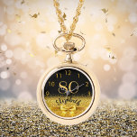 80th birthday black gold name elegant bow watch<br><div class="desc">Elegant, classic, glamourous and feminine. A faux gold coloured bow and ribbon, a bit of bling and luxury for a birthday gift or keepsake. Black background. Templates for her name, and the age 80. The name is written with a modern hand lettered style script. Golden coloured numbers from 9 to...</div>