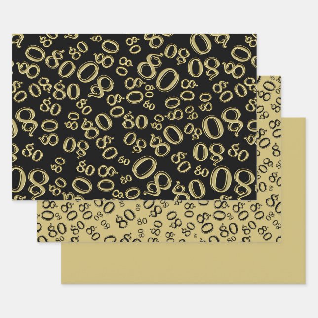 80th Birthday Black & Gold Number Pattern 80 Wrapping Paper Sheet (Set)