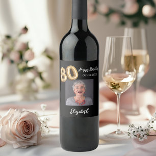 80th Birthday black gold photo Wine Label