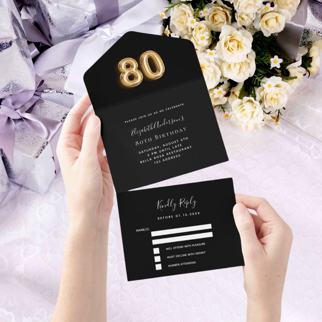 80th birthday black gold rsvp all in one invitation (Creator Uploaded)